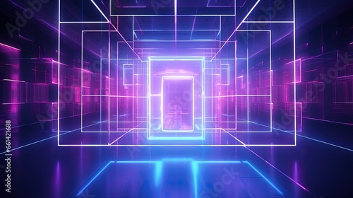 3d render, abstract urban background, futuristic pink blue neon light, geometric structure, big data, quantum computer, storage, cyber safety, virtual reality