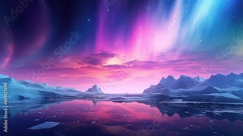 3d render, abstract panoramic background. Seascape with cliffs under the pink blue night gradient sky with northern lights, fantasy scenery wallpaper with Aurora Borealis