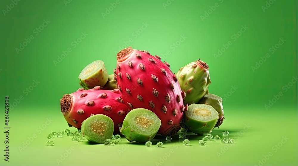 Creative concept of prickly pear on the green background. Exotic fruits and leaves. Food concept.