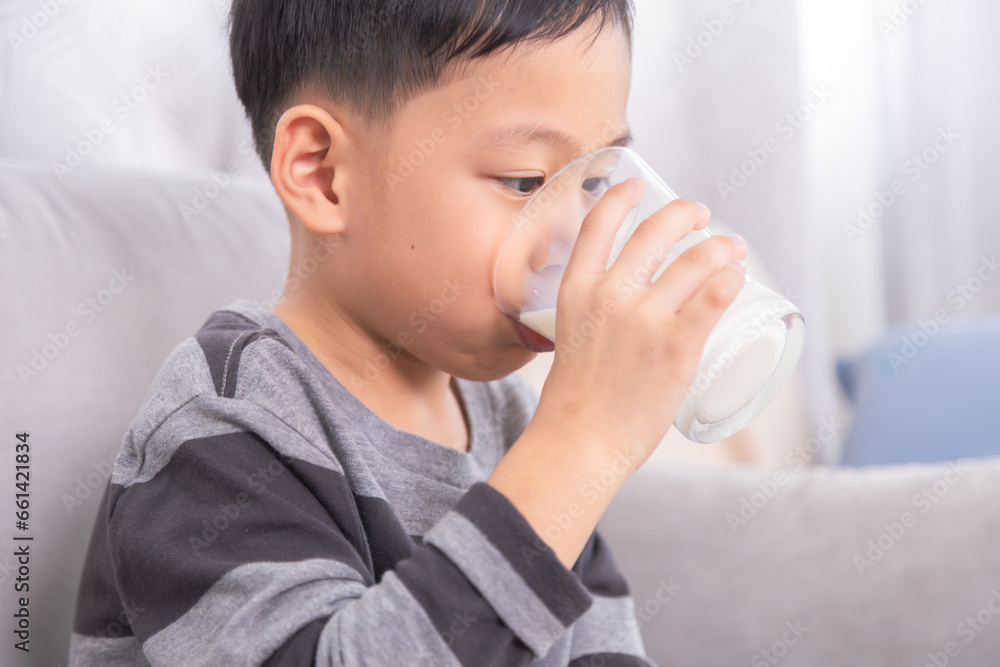 Close-up Asian preschool boy with milk mustache smile at unrecognizable mother sitting on sofa at home, young kid happy hold and drinking a clear glass full of dairy milk, healthy children's lifestyle Close-up Asian preschool boy with milk mustache smile at unrecognizable mother sitting on sofa at home, young kid happy hold and drinking a clear glass full of dairy milk, healthy children's lifestyle