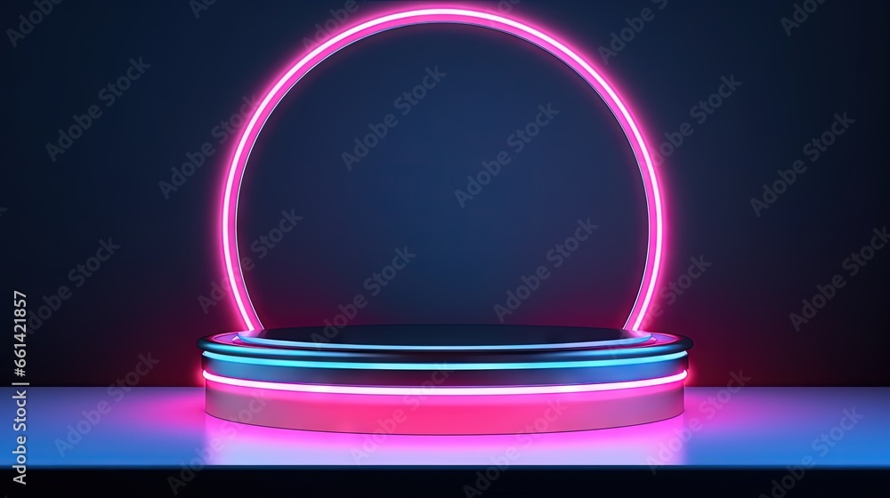 Empty podium with line gradient neon ring on background. 3d render. illustration with abstract scene with pink and blue neon frame Empty podium with line gradient neon ring on background. 3d render. illustration with abstract scene with pink and blue neon frame