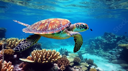 Hawks bill Turtle - Eretmochelys imbricata floats under water. Maldives Indian Ocean coral reef.