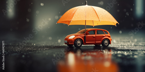 Yellow Umbrella and red toy car with black blur background