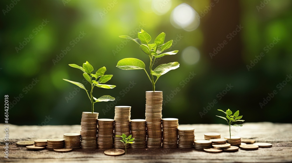 The coins are stacked on the ground and the seedlings are growing on top, the concept of saving money and financial and business growth. - obrazy, fototapety, plakaty 