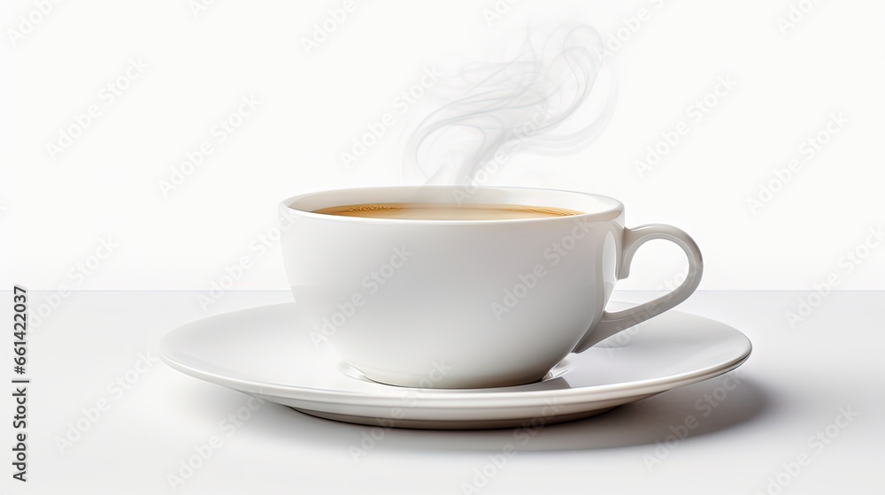 White coffee cup on plate with smoke isolated on white background. White coffee cup on plate with smoke isolated on white background.