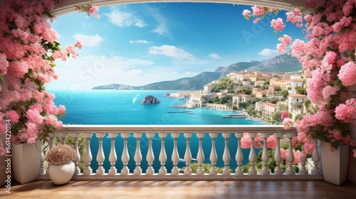Beautiful view from the balcony on the Italian coast, pink and white flowers. Blue sky. Digital collage, mural and mural. Wallpaper. Poster design. Modular panel. Illustration for print. 3d render photo