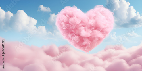 pink Heart shaped cloud on blue sky background.