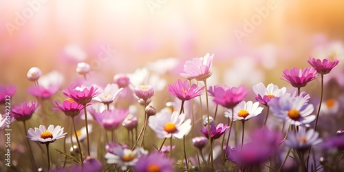 Wildflowers Background Meadow with lots of white and pink spring daisy flowers in sunny day Pro Photo Generative AI Wildflowers 