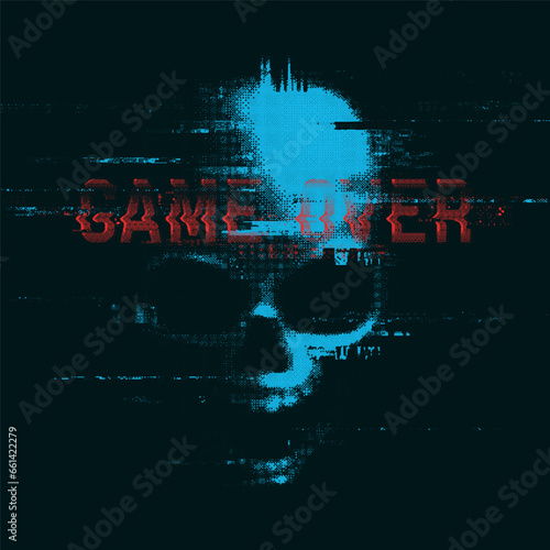 Glitched sign skull with "Game over" sign. Danger internet virus, technical problem or system error. Vector illustration.