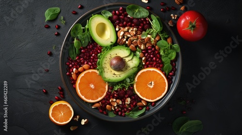 Buddha bowl dish with avocado, persimmon, blood orange, nuts, spinach, arugula and pomegranate. Healthy balanced eating. Top view. vertical image.