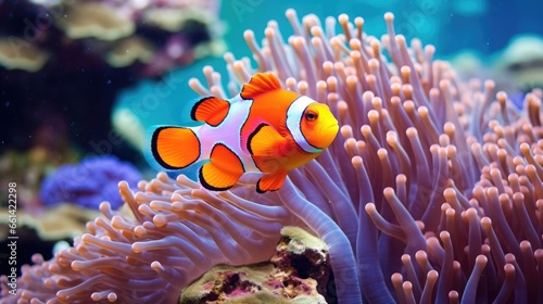 Foto Amphiprion ocellaris clownfish and anemone in sea.