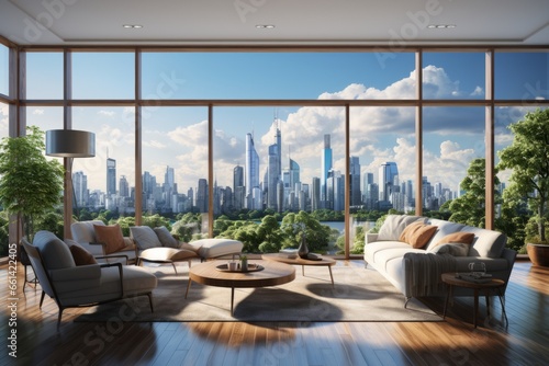Contemporary living room with floor-to-ceiling windows and city skyline views  Generative AI