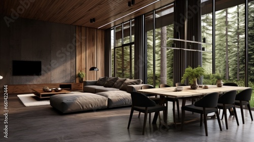 Modern contemporary loft living and dining room with nature view 3d render There are wooden wall and ceiling and concrete floor decorated with dark gray fabric furniture