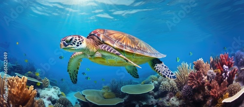 Reef dwelling sea turtle found in Belize With copyspace for text