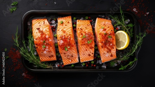 Pieces of salmon fillet with spices in a metal baking dish. Seafood. Top view. Free space for text.