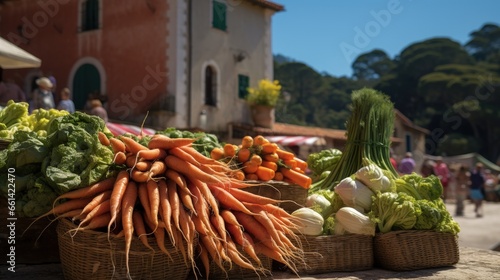 Fresh carrots on outdoor market with seasonal local vegetables and fruits in small Portuguese village near Sintra