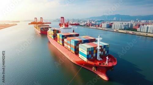 Container ship carrying container for import and export global business, Aerial view business logistic and transportation by container cargo freight ship in open sea, Freight cargo container maritime