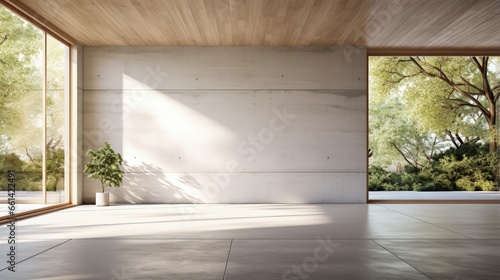 Modern contemporary empty hall with nature view 3d render overlooking the living room behind the room has concrete floors, plank ceilings and blank white walls for copy space, sunlight enter the room. © HN Works