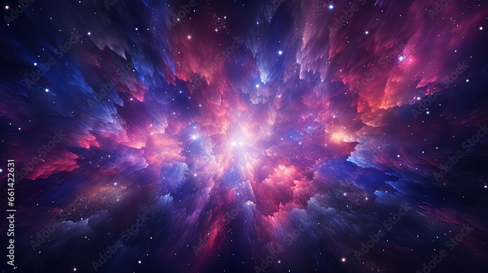 Naklejka premium 3d render, red blue fireworks, big bang, galaxy, abstract cosmic background, celestial, beauty of universe, speed of light, eon glow, purple stars, cosmos, ultraviolet infrared light, outer space