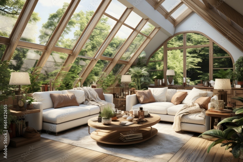 Glossy conservatory with lush greenery, skylights, and a serene atmosphere, Generative AI 