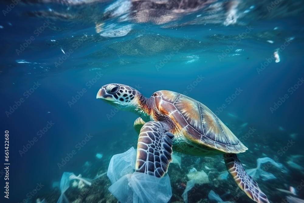 Fototapeta premium turtle swimming in water invaded by plastic