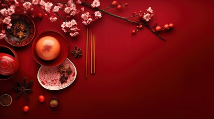 Chinese new year festival table over red background. Traditional lunar new year food. Flat lay, top view
