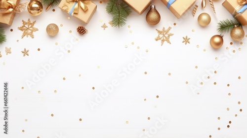 Christmas border flat lay with pine, presents, golden elements, candy canes, confetti. Christmas template on light wood