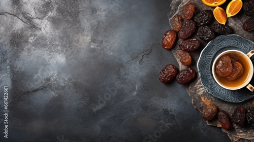 Ramadan kareem holiday table with dried dates, fruits, tea and decorations on stone background. Top view, flat lay
