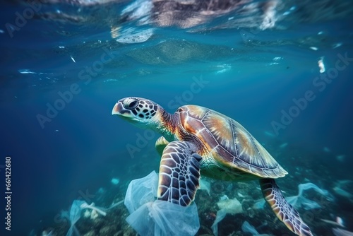 turtle swimming in water invaded by plastic