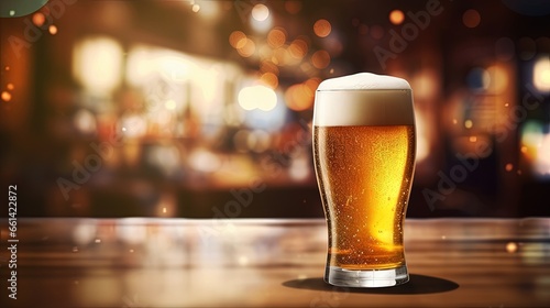 Glass of chilled beer on table and blurred sparkling bar background.