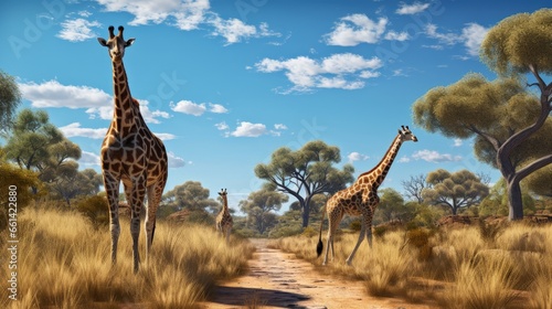 Tall giraffes in the savannah in South Africa. Wildlife conservation is important for all animals living in the wild. Animals walking around a woodland in a safari against a clear  blue sky