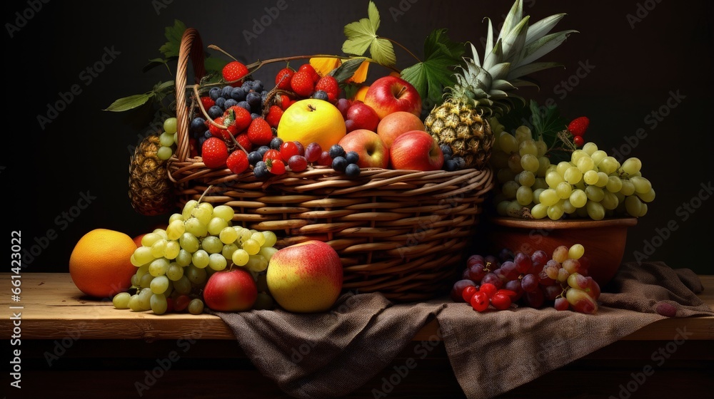 Basket and fresh fruits on wooden table Basket and fresh fruits on wooden table