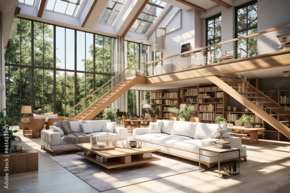 Open-concept loft space with a glossy mezzanine, industrial accents, and an abundance of natural light, Generative AI Open-concept loft space with a glossy mezzanine, industrial accents, and an abundance of natural light, Generative AI