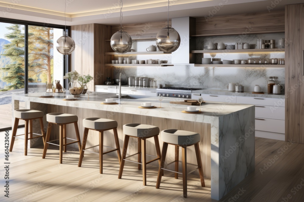 Sleek and minimalist kitchen with high-gloss cabinets and a marble countertop, Generative AI