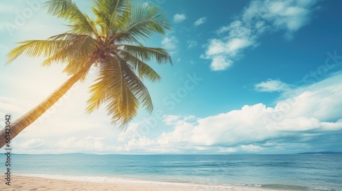 Palm tree on tropical beach with blue sky and white clouds abstract background. Copy space of summer vacation and business travel concept. Vintage tone filter effect color style. © HN Works