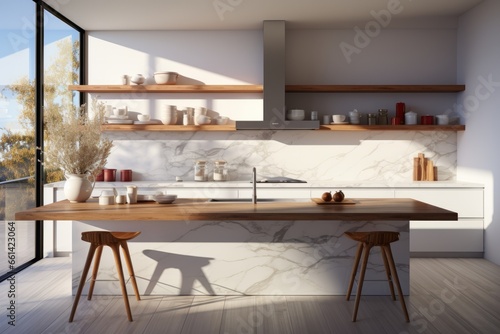 Sleek and minimalist kitchen with high-gloss cabinets and a marble countertop, Generative AI © Box Milk