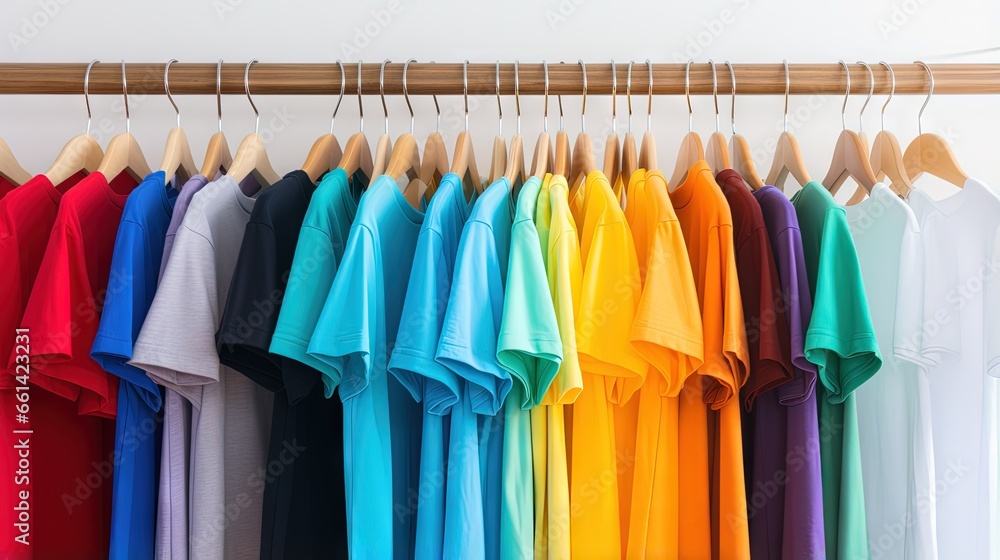row of many fresh new fabric cotton t-shirts in colorful rainbow colors hangng on clothes rail in wrdrobe. Various colored shirts on blue white background. diy printing fashion concept.