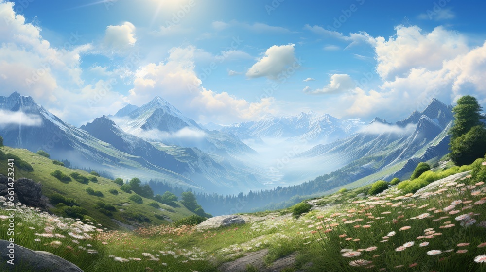 the glade is covered with grass and flowers on top of the mountains with blue sky and clouds.