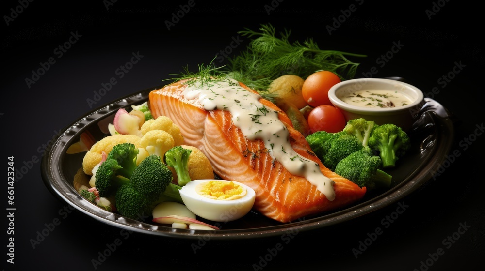 Grilled Salmon with Vegetables, Eggs and Sour Cream Sauce Grilled Salmon with Vegetables, Eggs and Sour Cream Sauce