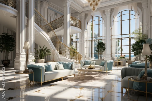  Upscale hotel lobby with a grand staircase, glossy marble floors, and elegant seating areas, Generative AI photo