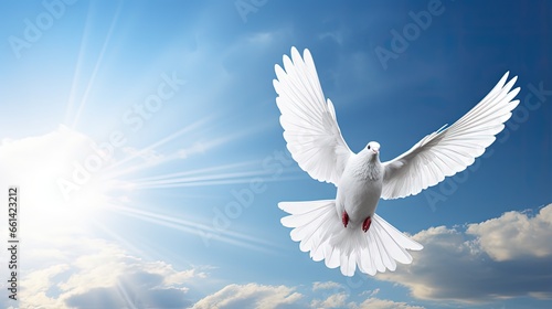Peace dove-White dove with heart flying in blue sky background