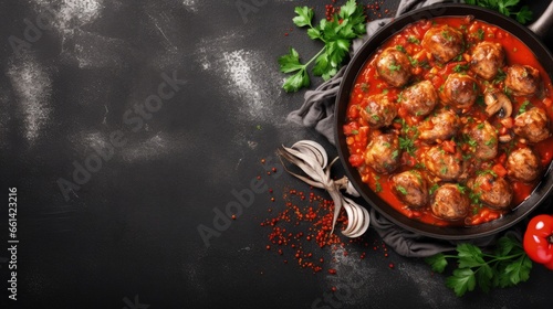 Meatballs with mushrooms in tomato sauce in a frying pan at light stone table. Top view with copy space.