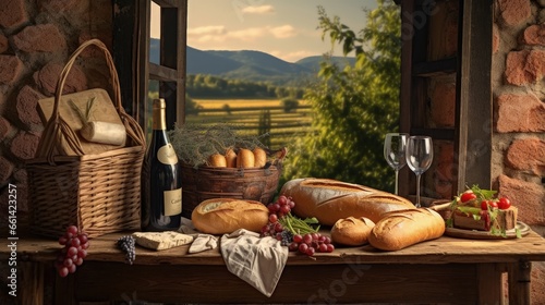 Open vintage fitted picnic hamper with baguettes outdoors on a rustic table near a wooden cabin with space alongside for placement of food in panorama format