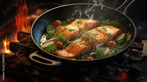 Salmon fillets and herb decoration in an old frying pan.