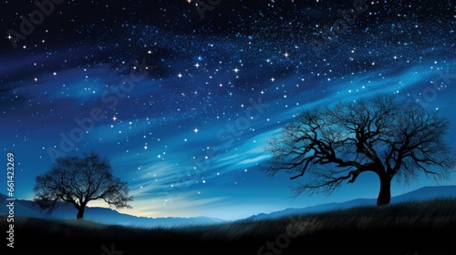 Illustration of the starry night sky above dark tree silhouettes