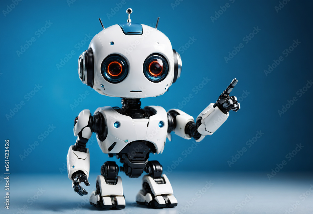 mini robot pointing fingers at copy space on blue background. Generative AI mini robot pointing fingers at copy space on blue background. Generative AI