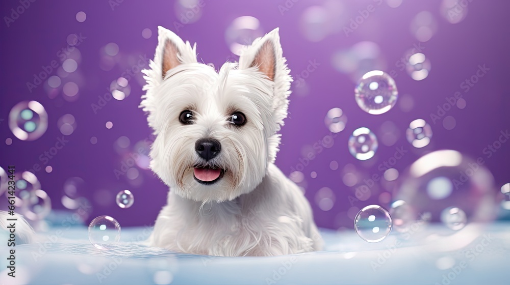 Cute West Highland White Terrier dog on purple background after bath, grooming. Dog portrait among soap bubbles. Copy Space. Place for text