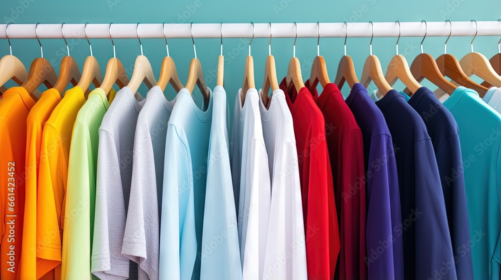 row of many fresh new fabric cotton t-shirts in colorful rainbow colors hangng on clothes rail in wrdrobe. Various colored shirts on blue white background. diy printing fashion concept. row of many fresh new fabric cotton t-shirts in colorful rainbow colors hangng on clothes rail in wrdrobe. Various colored shirts on blue white background. diy printing fashion concept.