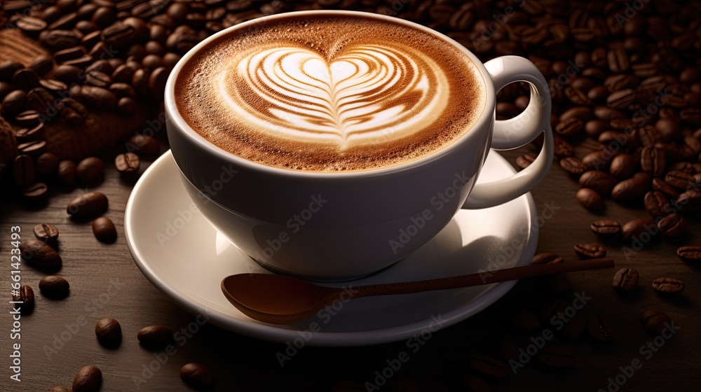 Flat white coffee with heart shaped milk and coffee powder Flat white coffee with heart shaped milk and coffee powder