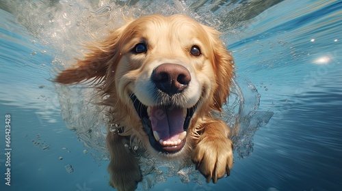 A dog swimming happily and joyfully. Golden Retriever. Happy puppy playing in the water.